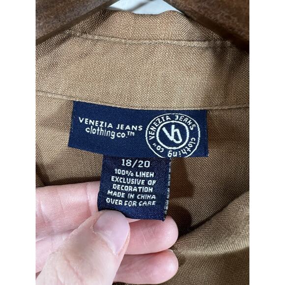 Venezia Jeans Women’s Linen Button Up Blouse Size 2X 18-20 Brown Coastal Casual - Picture 3 of 7
